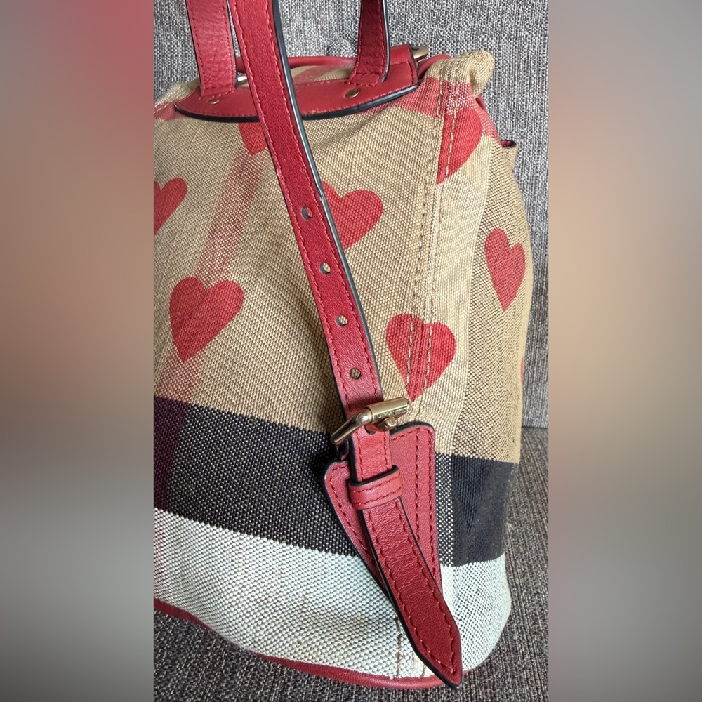 Burberry Beige Canvas Backpack with Red Heart Print and Red Leather Trim - Picture 11 of 16